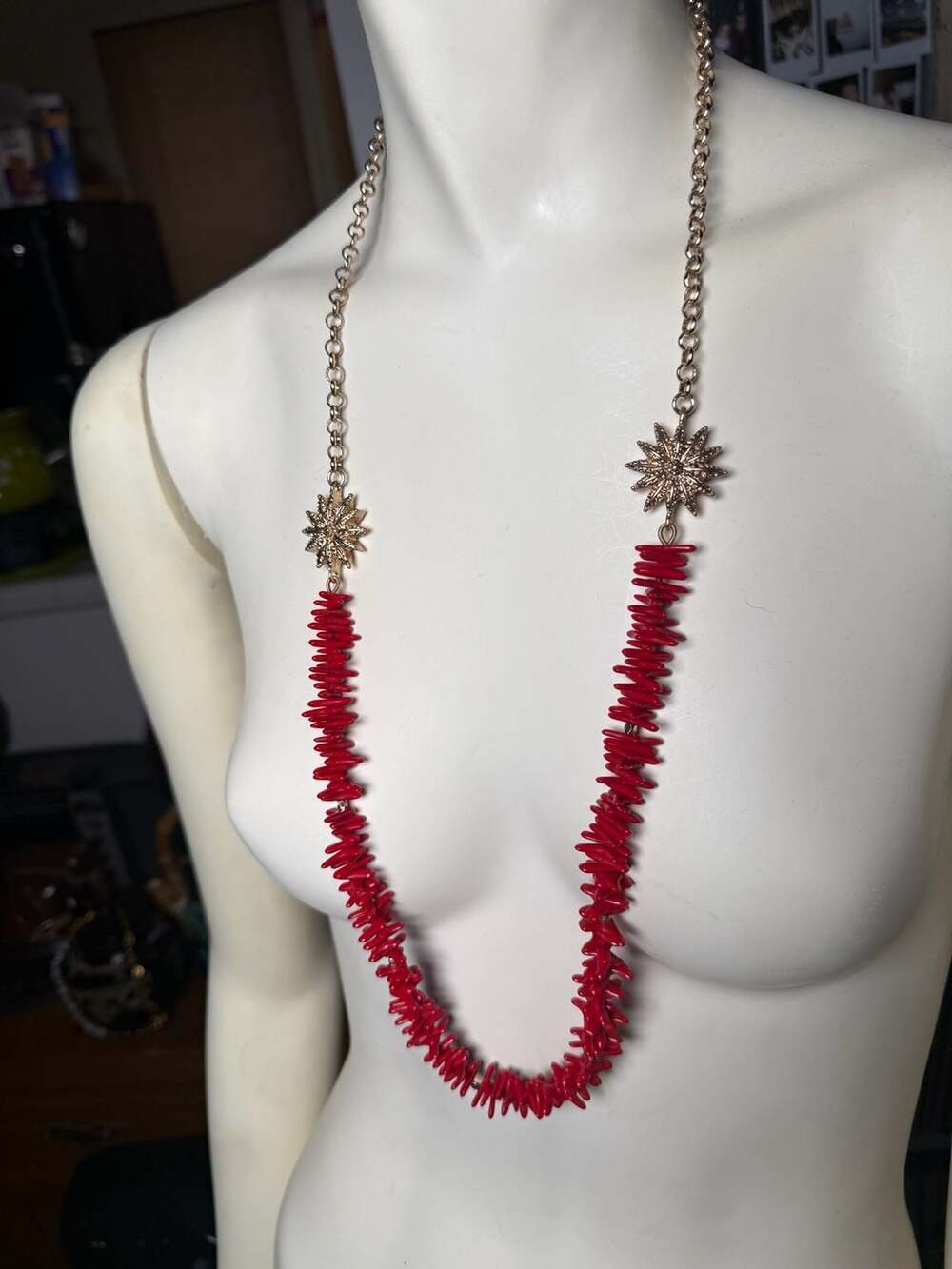 Talbots Gold Tone Red Faux Coral Starburst Long Necklace